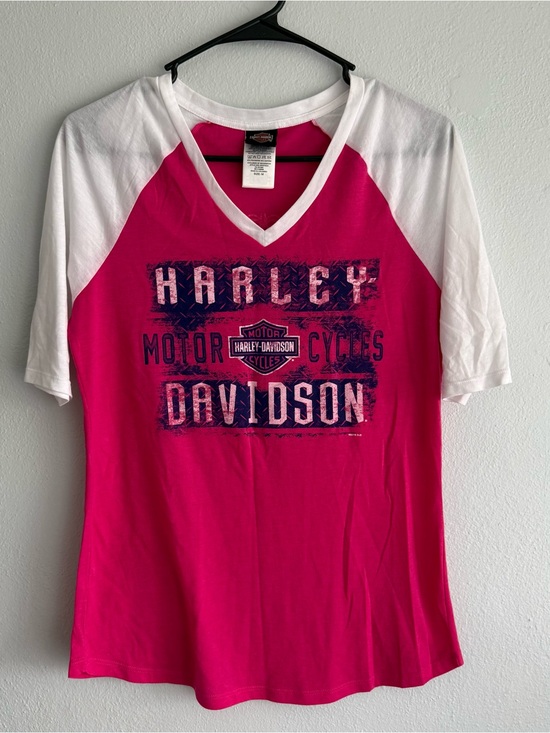 Harley-Davidson Tops - Harley-Davidson Women’s Hot Pink & White V-Neck Raglan Tee - Size Medium